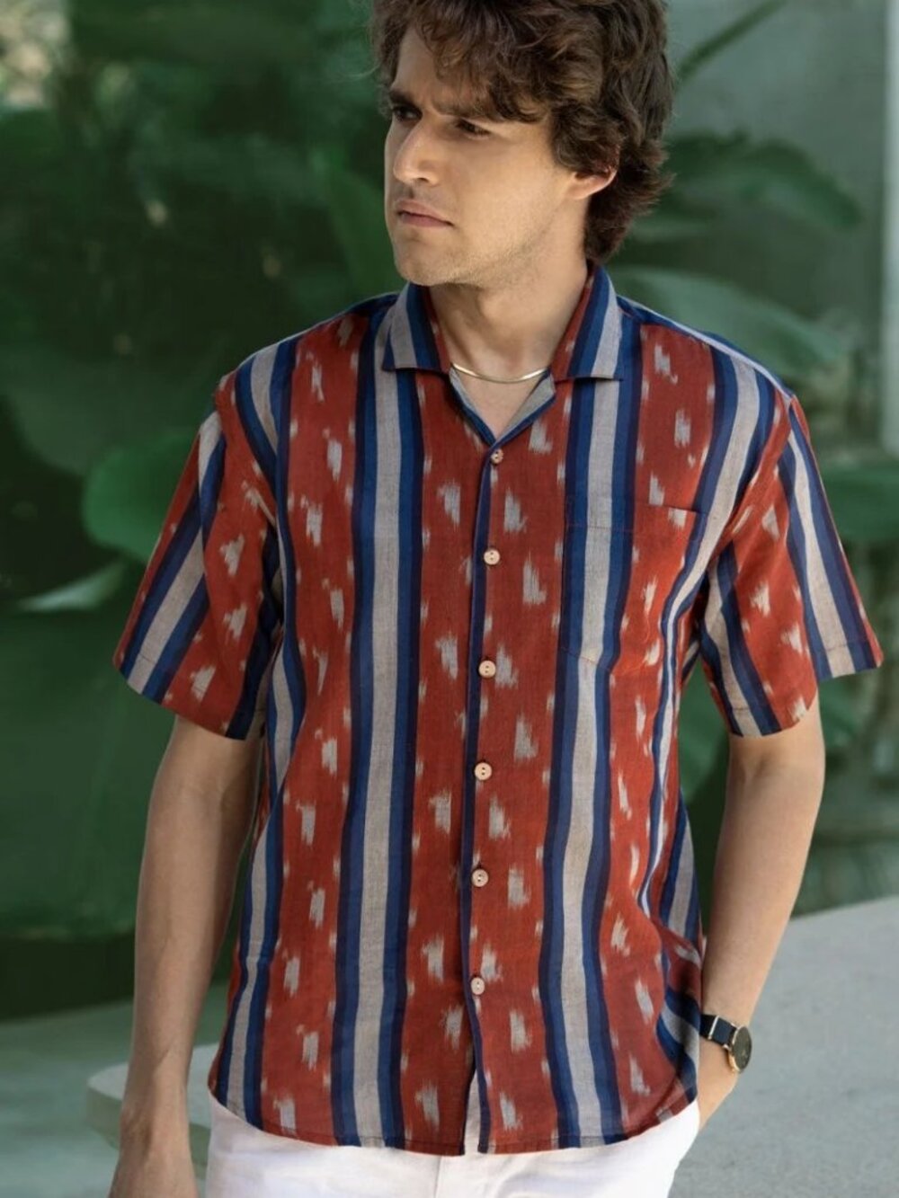Pali Rust/Blue Striped Cuban Collar Handwoven Ikat Shirt/22831